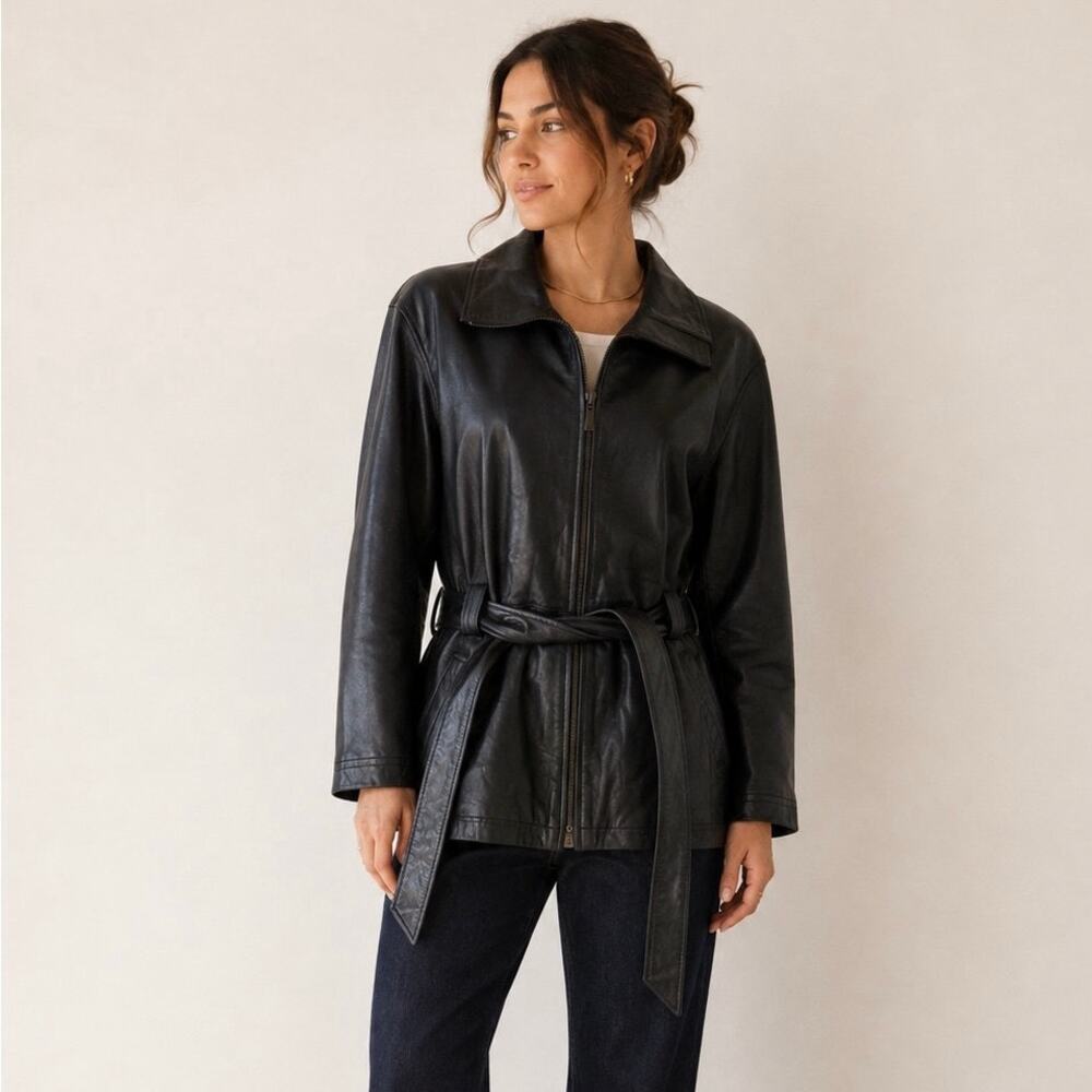 Vintage Black 100% Leather Belted Jacket Coat Women’s Small Goth Grunge